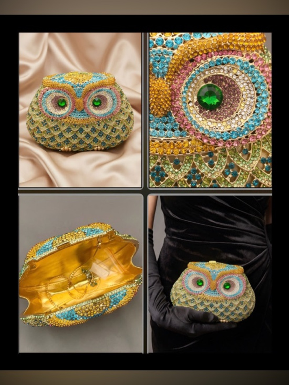 Crystal Owl Evening Clutch in Gold, Multicolor Crystals Optional Chain Strap